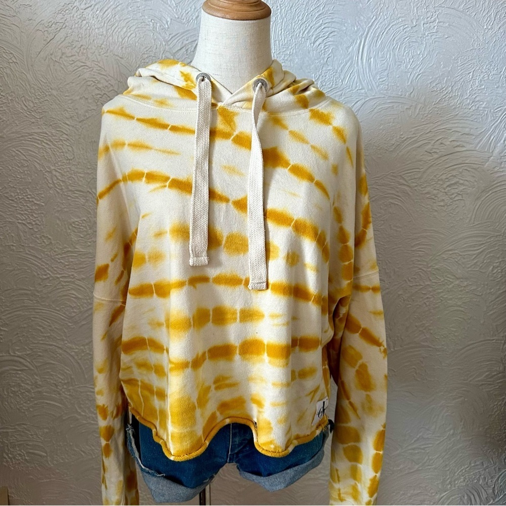 Calvin Klein Yellow Tie Dye Hooded Cropped Sweatshirt